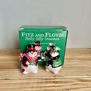 Fitz and Floyd Holly Jolly Snowman Salt And Pepper Shakers In Original box